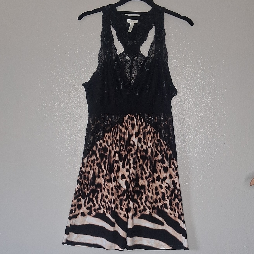 Soma Nightgown Babydoll Lingerie Black Lace Leopard Print Size Medium